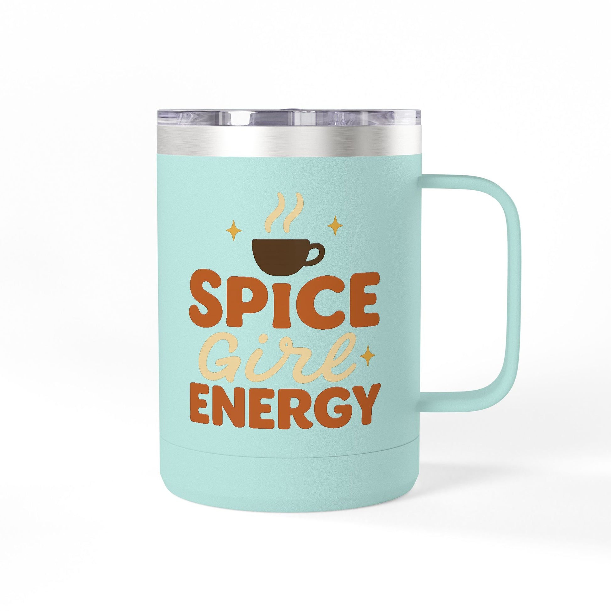 Teal “Spice Girl Energy” insulated mug with coffee cup and fall-themed typography — reusable travel mug for hot and cold beverages.