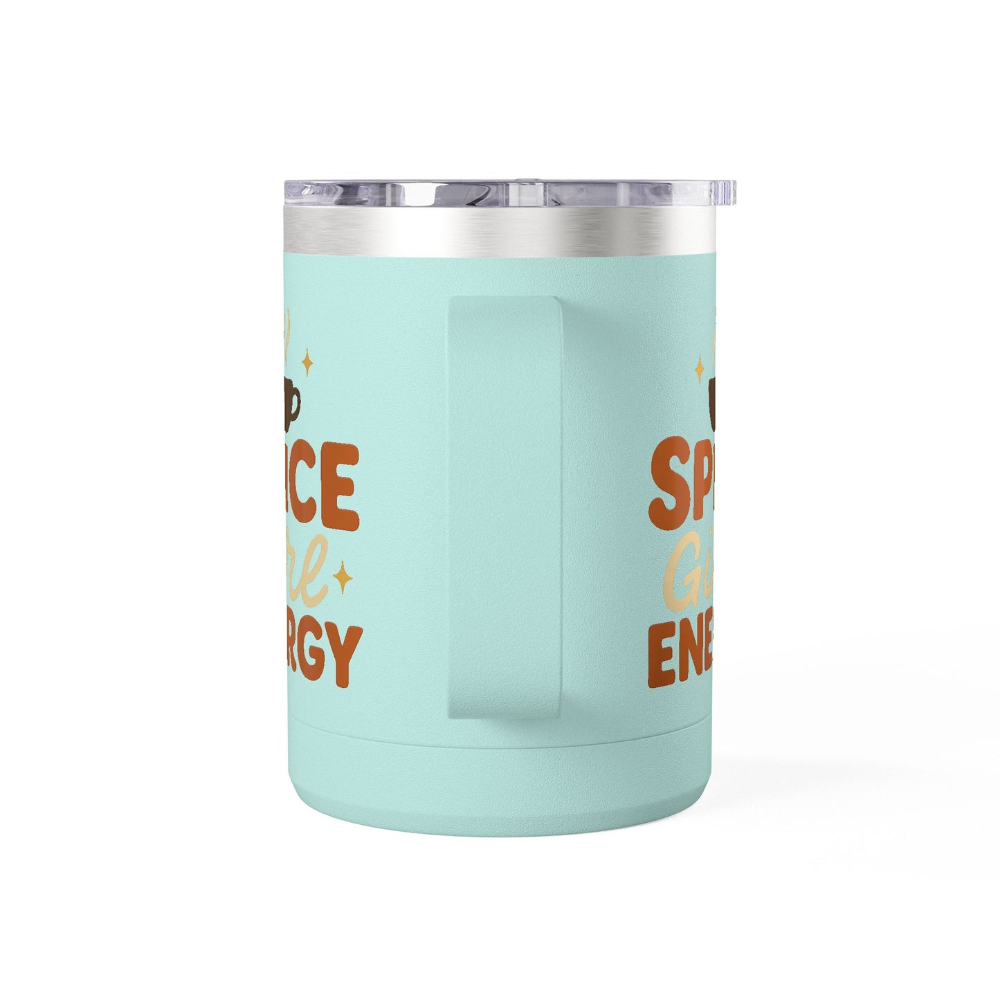 Side view of teal “Spice Girl Energy” mug showing curved handle and retro design — insulated drinkware for home or travel.