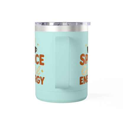 Side view of teal “Spice Girl Energy” mug showing curved handle and retro design — insulated drinkware for home or travel.