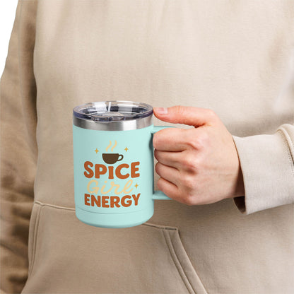 Person holding teal “Spice Girl Energy” insulated mug — pastel coffee mug for cozy fall mornings and pumpkin spice lovers.