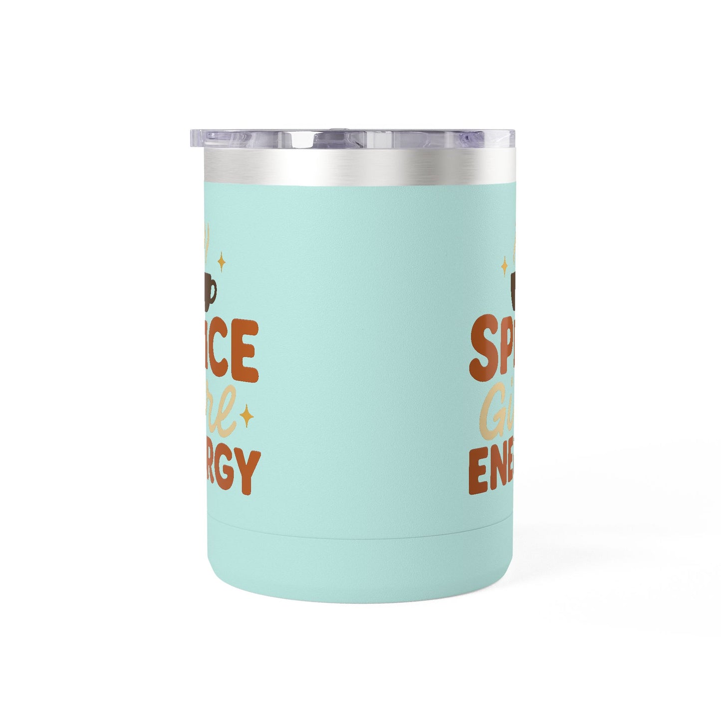 Teal insulated coffee mug with “Spice Girl Energy” retro lettering and steaming coffee art — cute stainless-steel cup for daily use.