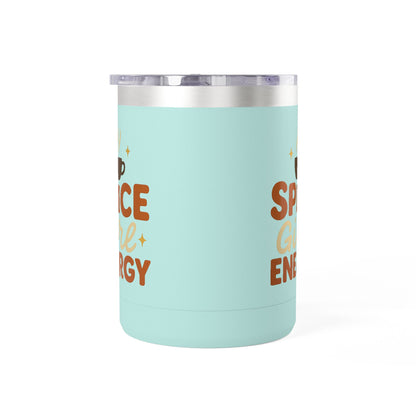 Teal insulated coffee mug with “Spice Girl Energy” retro lettering and steaming coffee art — cute stainless-steel cup for daily use.