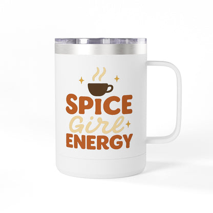 White insulated coffee mug with “Spice Girl Energy” design — fall-inspired stainless steel mug featuring a steaming cup and retro lettering.