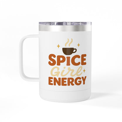 Front-facing white “Spice Girl Energy” insulated mug with coffee cup graphic and bold lettering — perfect reusable mug for pumpkin spice season.