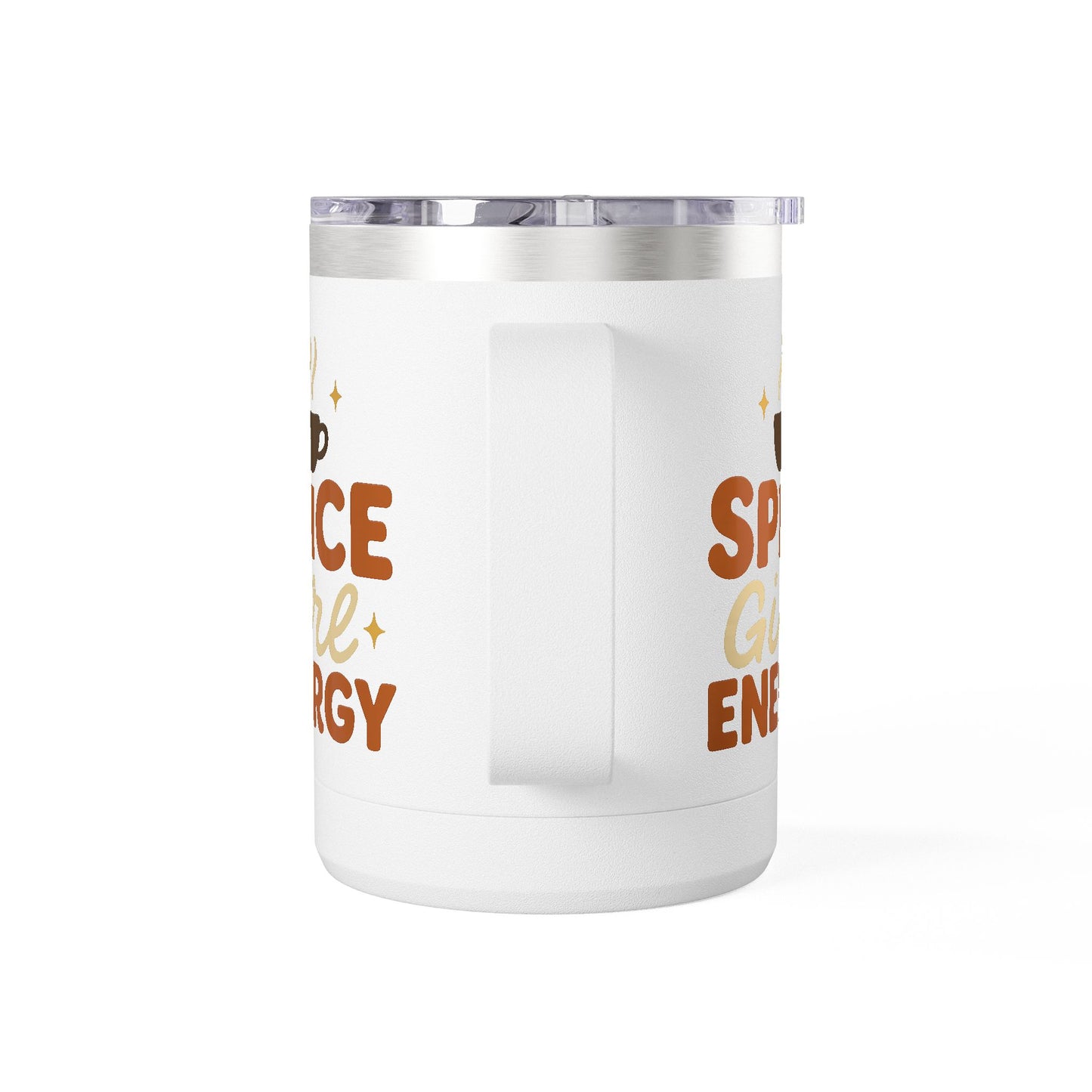 Side view of white “Spice Girl Energy” insulated mug showing handle and playful orange and cream typography — cozy fall coffee drinkware.