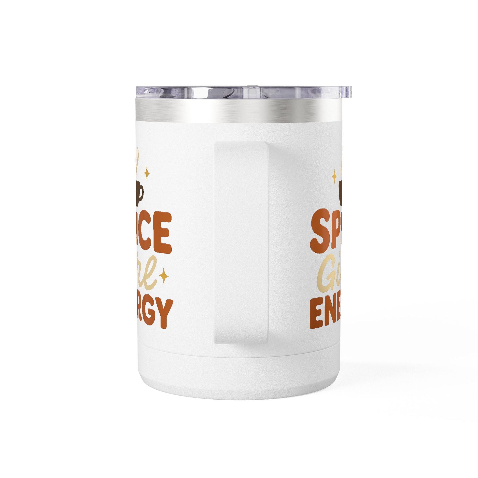 Side view of white “Spice Girl Energy” insulated mug showing handle and playful orange and cream typography — cozy fall coffee drinkware.