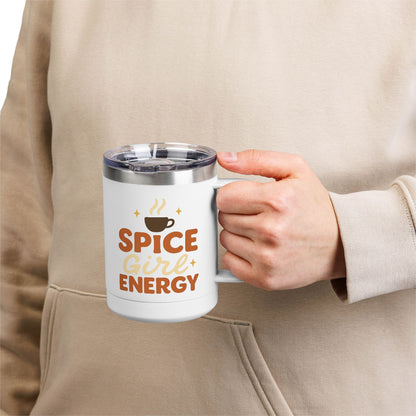 Person holding white “Spice Girl Energy” insulated mug — stylish stainless steel coffee cup ideal for cozy fall mornings and latte lovers.