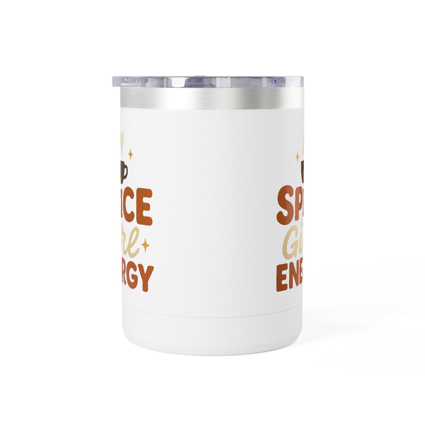 White insulated coffee mug with “Spice Girl Energy” design — fall-inspired stainless steel mug featuring a steaming cup and retro lettering.