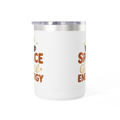 White insulated coffee mug with “Spice Girl Energy” design — fall-inspired stainless steel mug featuring a steaming cup and retro lettering.