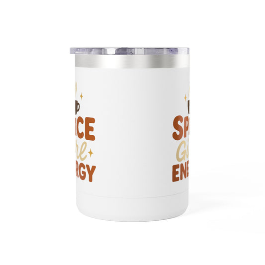 White insulated coffee mug with “Spice Girl Energy” design — fall-inspired stainless steel mug featuring a steaming cup and retro lettering.