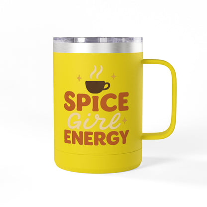 Yellow insulated coffee mug with “Spice Girl Energy” text and coffee steam graphic — bright and cheerful stainless steel mug for fall.