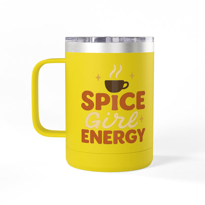 Front-facing yellow “Spice Girl Energy” insulated mug with coffee cup illustration — durable and cute mug for autumn vibes.