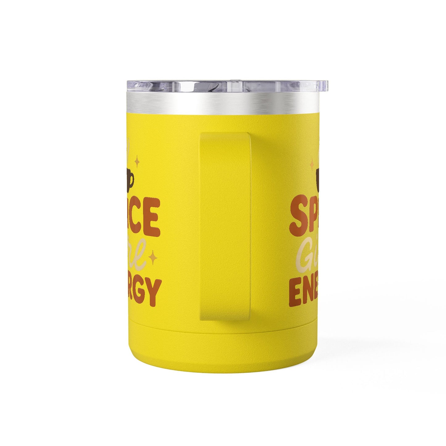 Side view of yellow “Spice Girl Energy” mug showing handle and retro design — fun insulated drinkware for coffee and tea lovers.