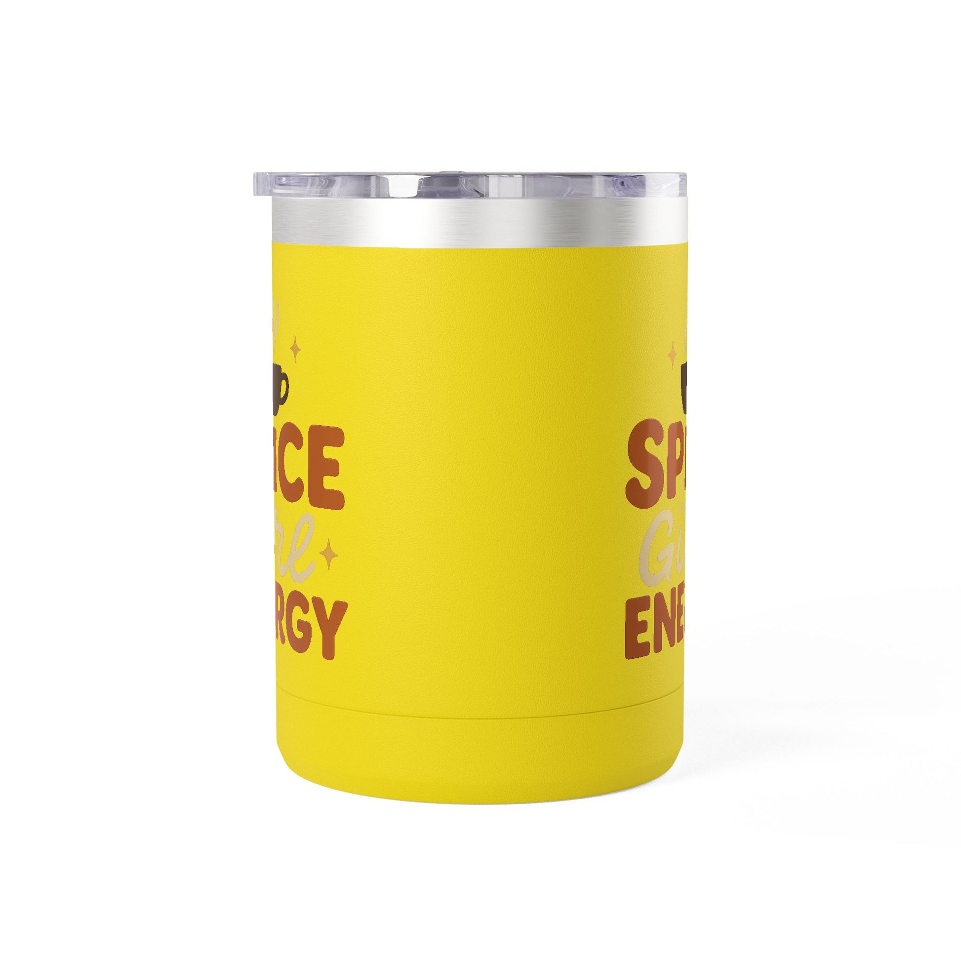 Yellow insulated coffee mug with “Spice Girl Energy” text and coffee steam graphic — bright and cheerful stainless steel mug for fall.