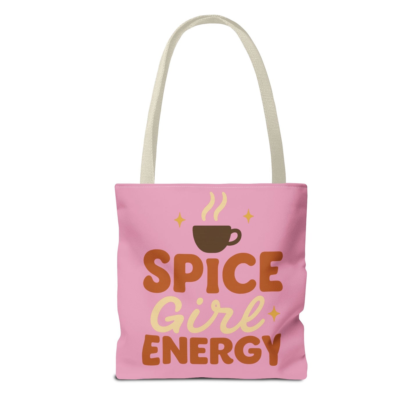 Mauve “Spice Girl Energy” tote bag with beige straps — pink fall tote featuring coffee cup design and retro lettering for pumpkin spice lovers.