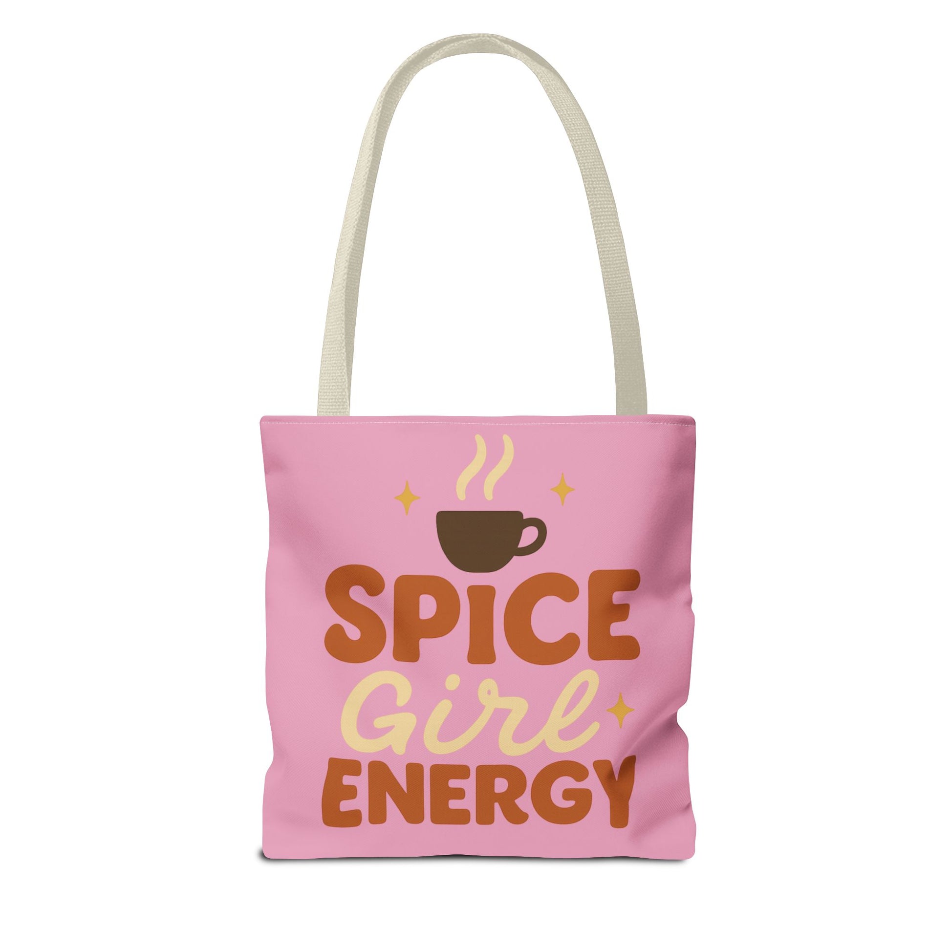 Mauve “Spice Girl Energy” tote bag with beige straps — pink fall tote featuring coffee cup design and retro lettering for pumpkin spice lovers.