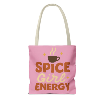 Mauve “Spice Girl Energy” tote bag with beige straps — pink fall tote featuring coffee cup design and retro lettering for pumpkin spice lovers.