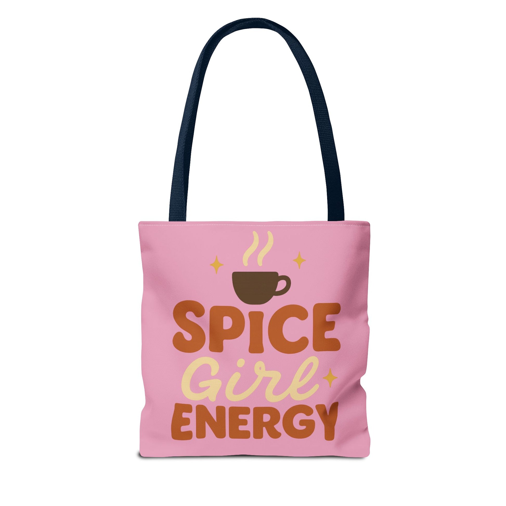 Mauve “Spice Girl Energy” tote bag with navy straps — pink retro fall tote featuring coffee art and motivational lettering.