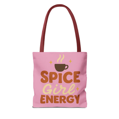 Mauve “Spice Girl Energy” tote bag with red straps — pink coffee-themed fall tote with retro lettering and cozy aesthetic for pumpkin spice lovers.