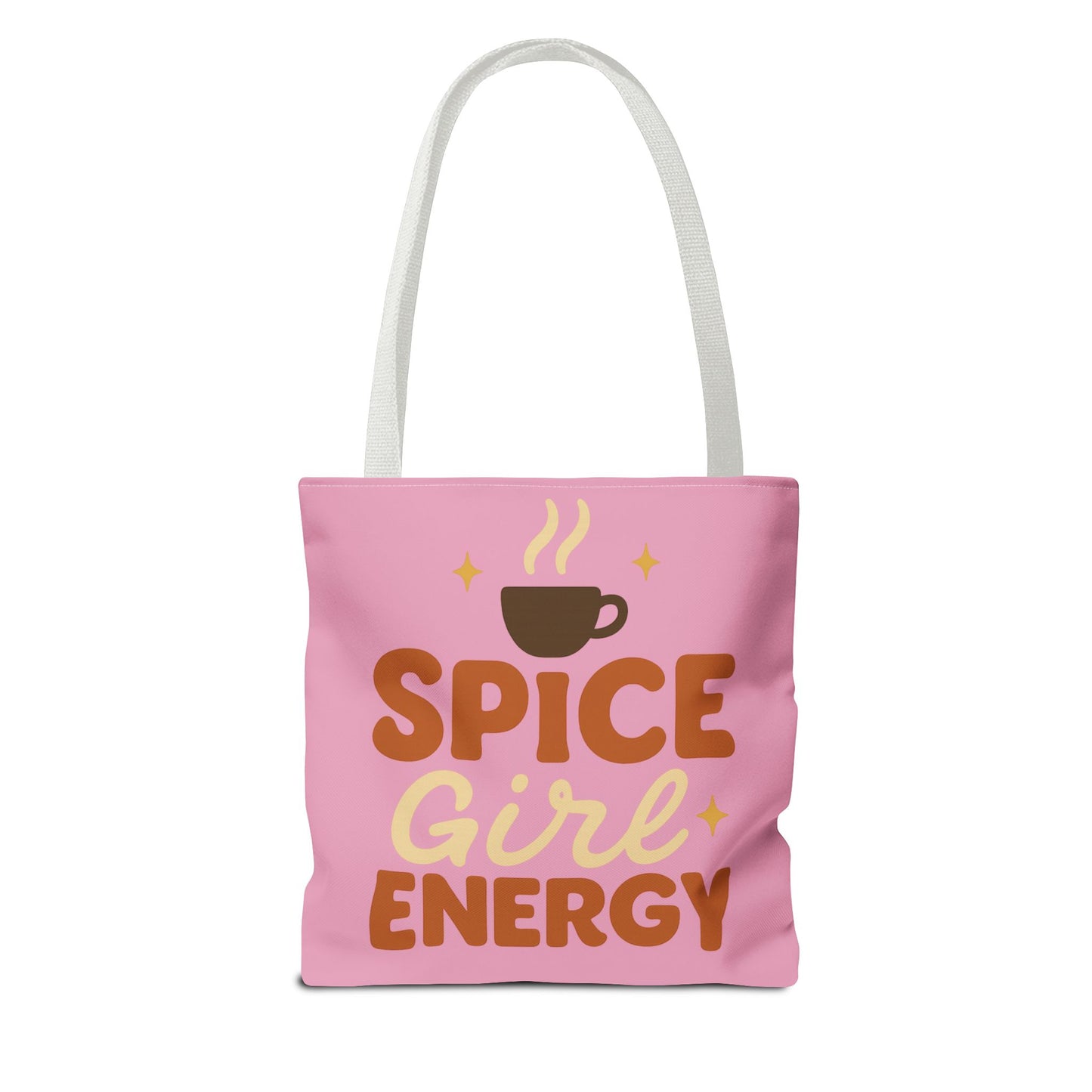 Mauve “Spice Girl Energy” tote bag with white straps — pink fall tote featuring coffee cup artwork and empowering design.