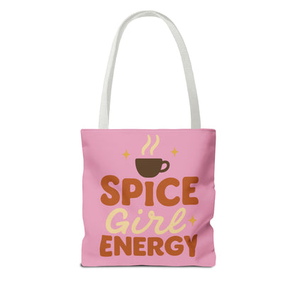 Mauve “Spice Girl Energy” tote bag with white straps — pink fall tote featuring coffee cup artwork and empowering design.