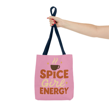Navy-handled “Spice Girl Energy” tote bag held in hand — bold pink coffee-inspired tote perfect for pumpkin spice and cozy vibes.