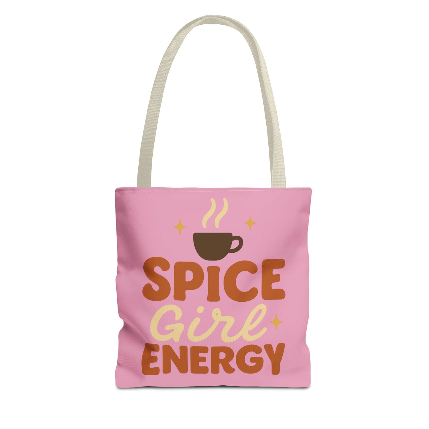 Mauve “Spice Girl Energy” tote bag with beige straps — pink fall tote featuring coffee cup design and retro lettering for pumpkin spice lovers.