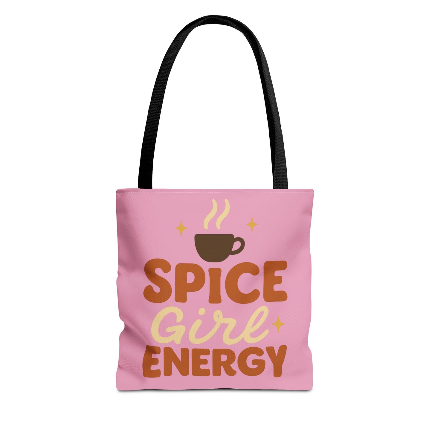 Mauve “Spice Girl Energy” tote bag with black straps — pink coffee-lover tote featuring retro lettering and fall-inspired design.