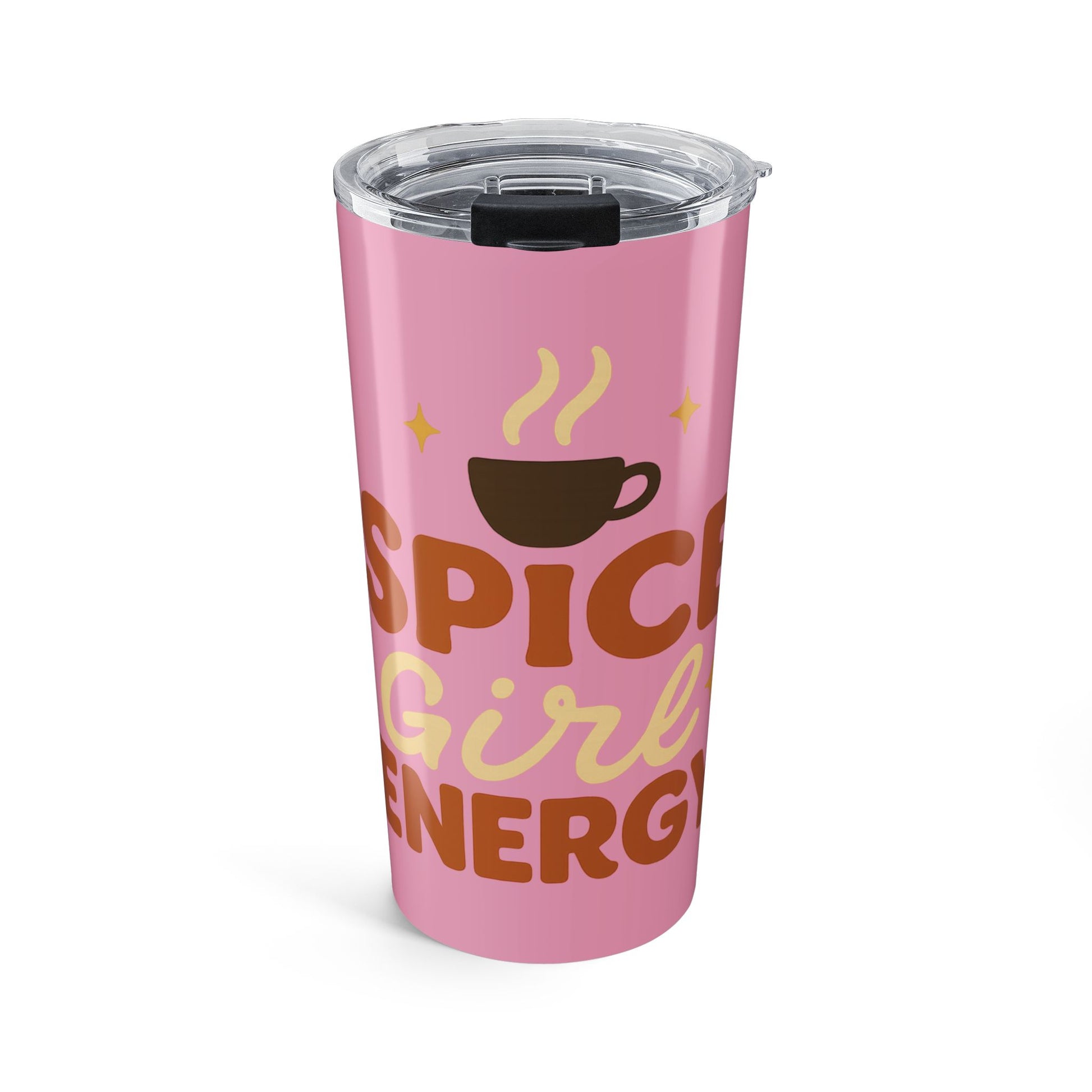 Mauve “Spice Girl Energy” 20 oz tumbler with retro lettering and coffee-cup icon — fun pink stainless-steel travel cup for pumpkin-spice lovers.