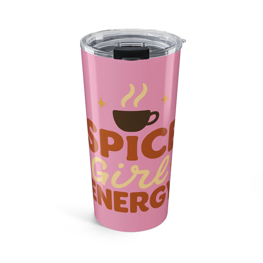 Mauve “Spice Girl Energy” 20 oz tumbler with retro lettering and coffee-cup icon — fun pink stainless-steel travel cup for pumpkin-spice lovers.