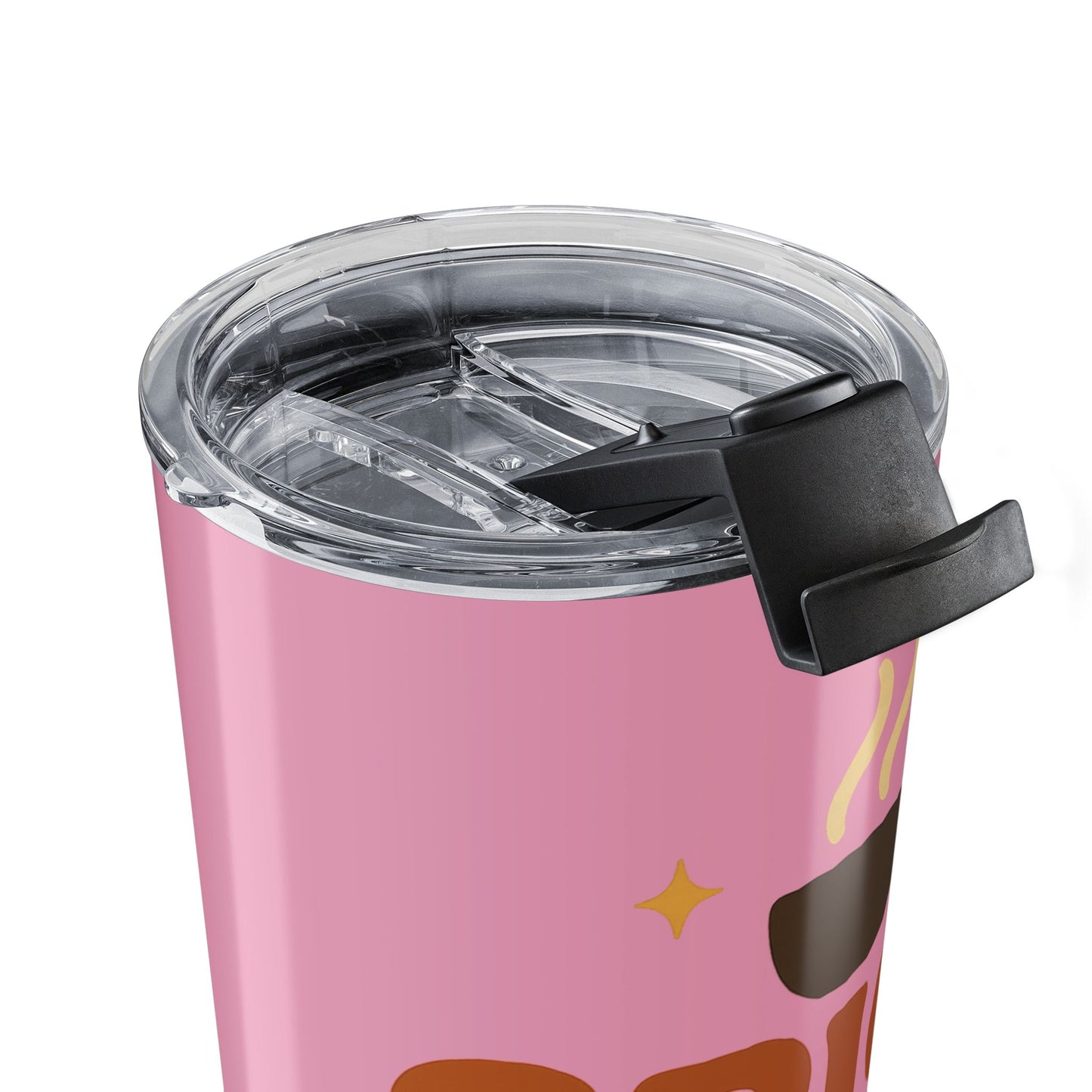 Close-up of spill-resistant lid on mauve “Spice Girl Energy” 20 oz tumbler featuring sliding closure for secure, travel-ready sipping.
