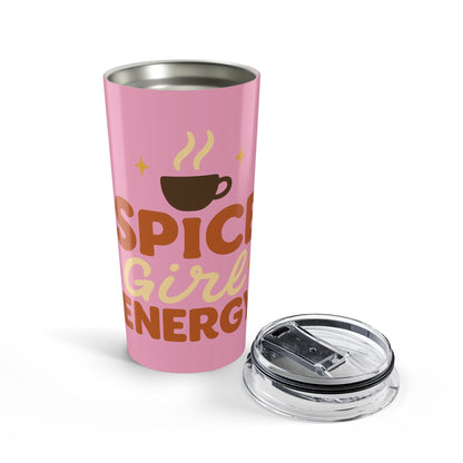 Open “Spice Girl Energy” tumbler showing stainless interior and removable clear lid — stylish pink cup for hot or cold drinks.
