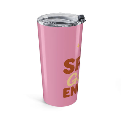 Side angle of mauve “Spice Girl Energy” tumbler highlighting glossy pink surface and travel-friendly slim design.
