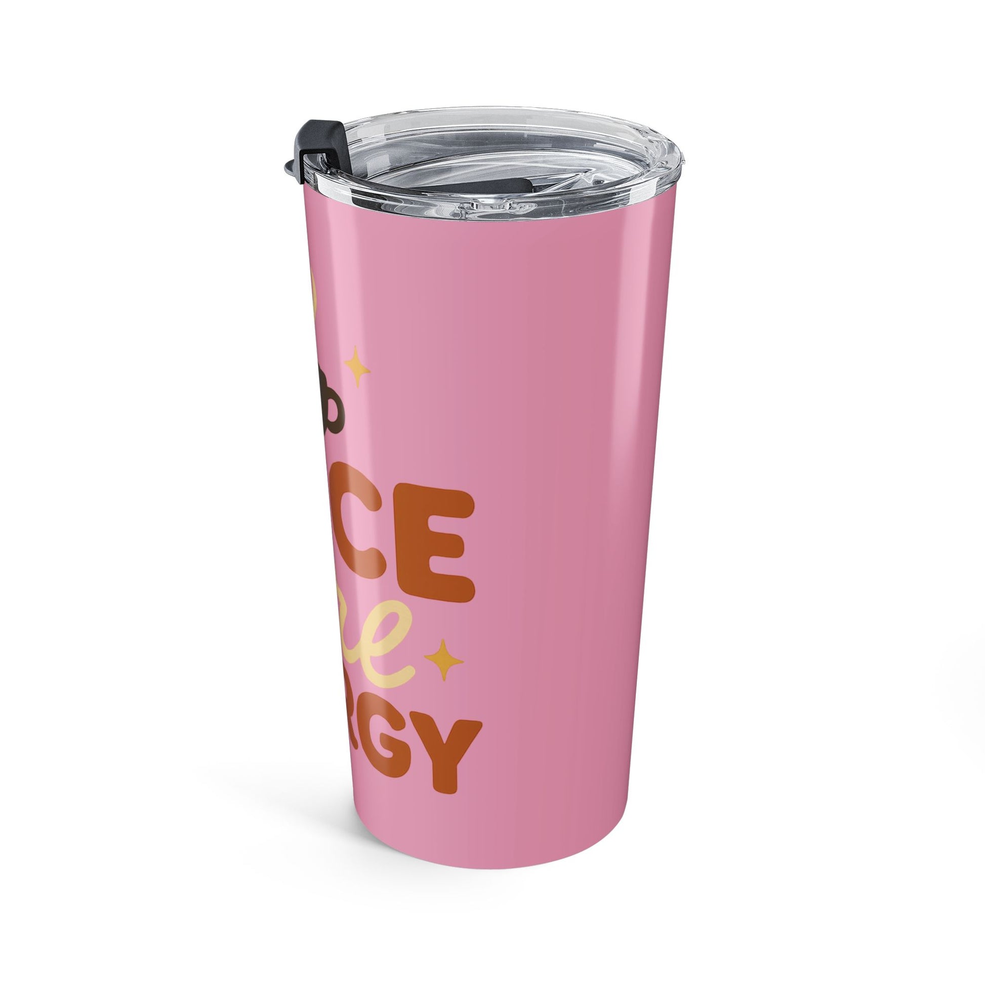 Right-side view of “Spice Girl Energy” 20 oz tumbler with coffee-cup graphic and sparkling retro lettering.