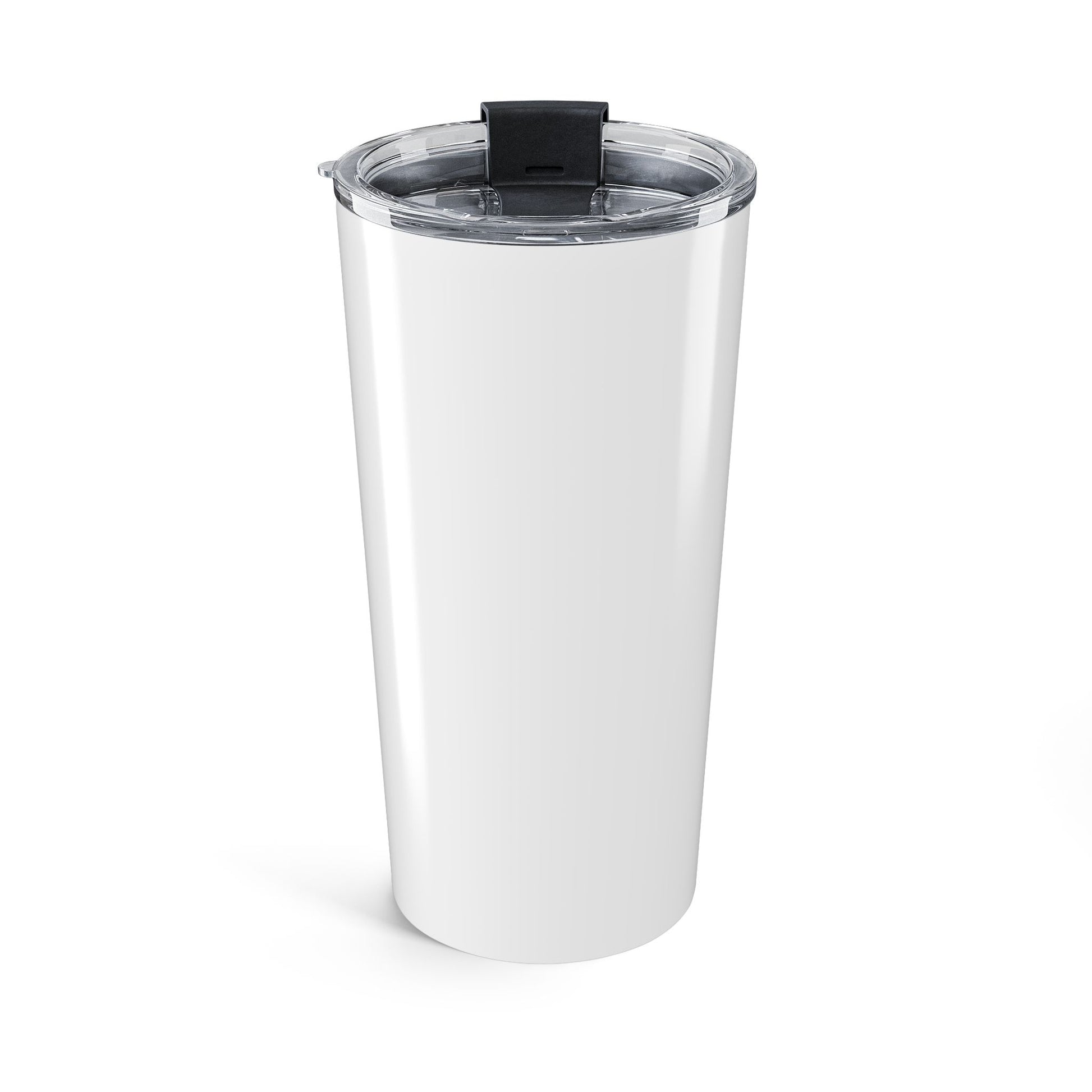Back view of white stainless steel tumbler showing sleek glossy finish and spill-resistant clear lid.