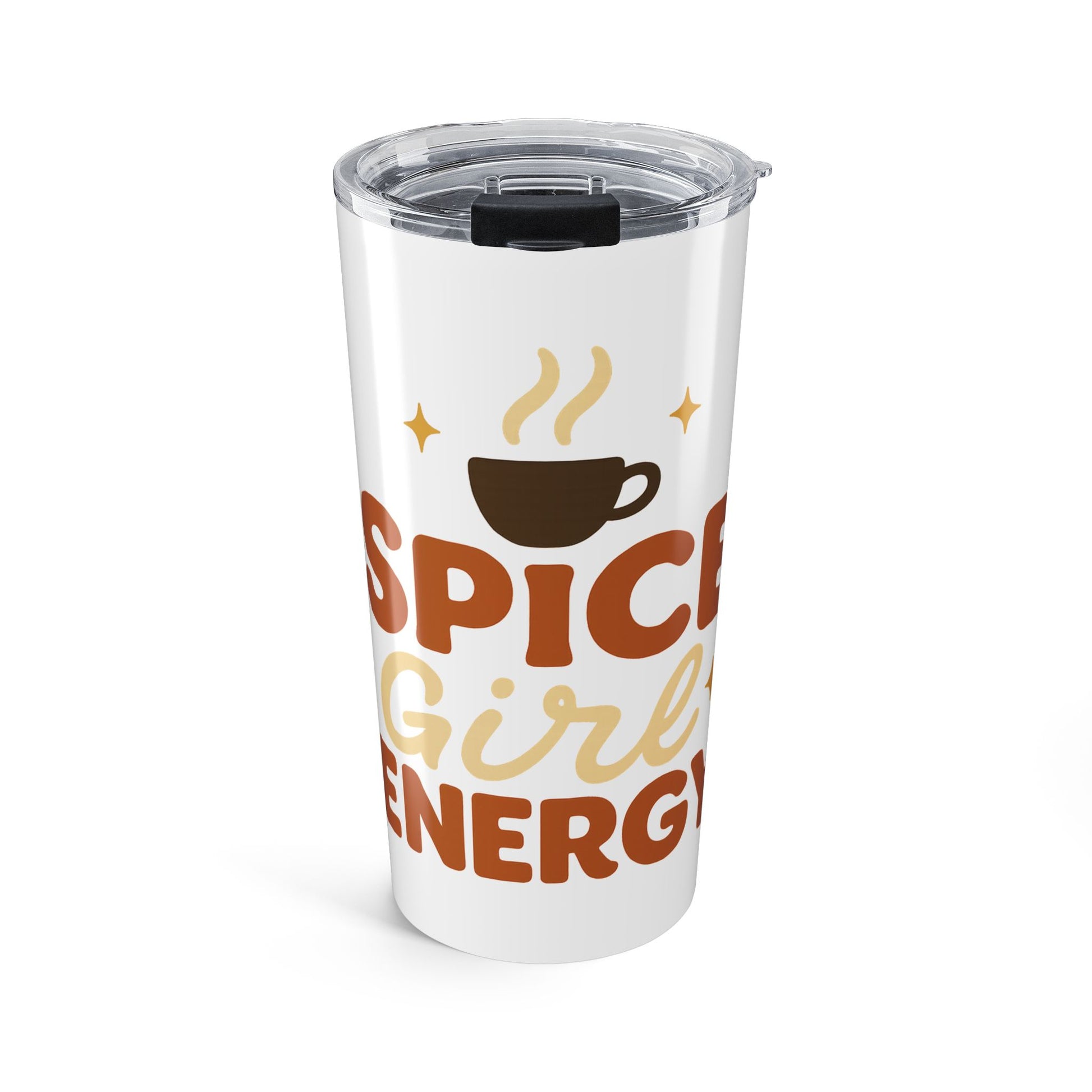 White stainless steel tumbler with retro “Spice Girl Energy” text and coffee-cup graphic — cute fall coffee travel mug for pumpkin-spice lovers.