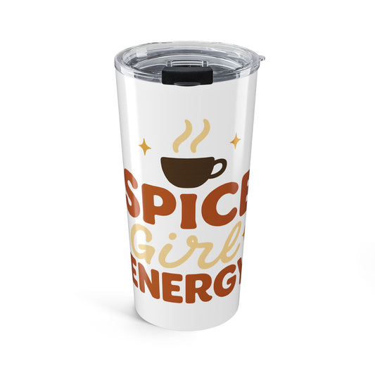 White stainless steel tumbler with retro “Spice Girl Energy” text and coffee-cup graphic — cute fall coffee travel mug for pumpkin-spice lovers.