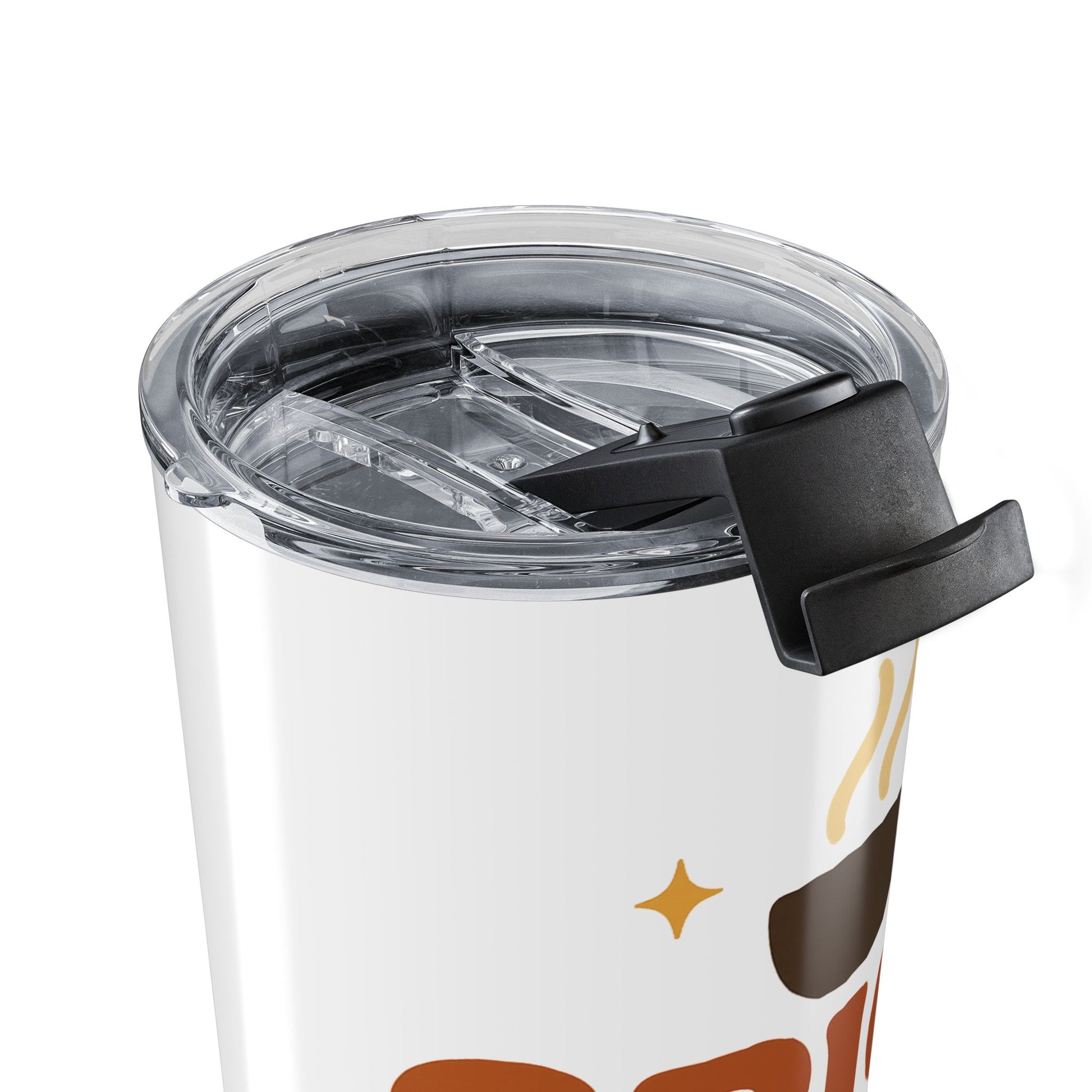 Close-up of tumbler lid showing secure slide-lock opening — durable BPA-free design for everyday coffee and tea drinkers.