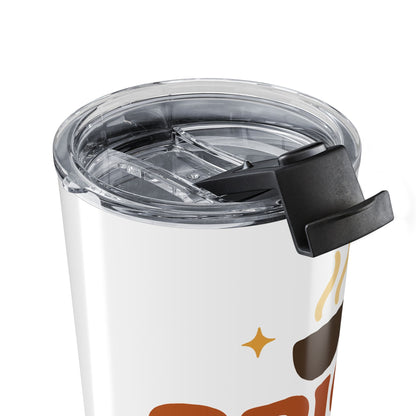 Close-up of tumbler lid showing secure slide-lock opening — durable BPA-free design for everyday coffee and tea drinkers.