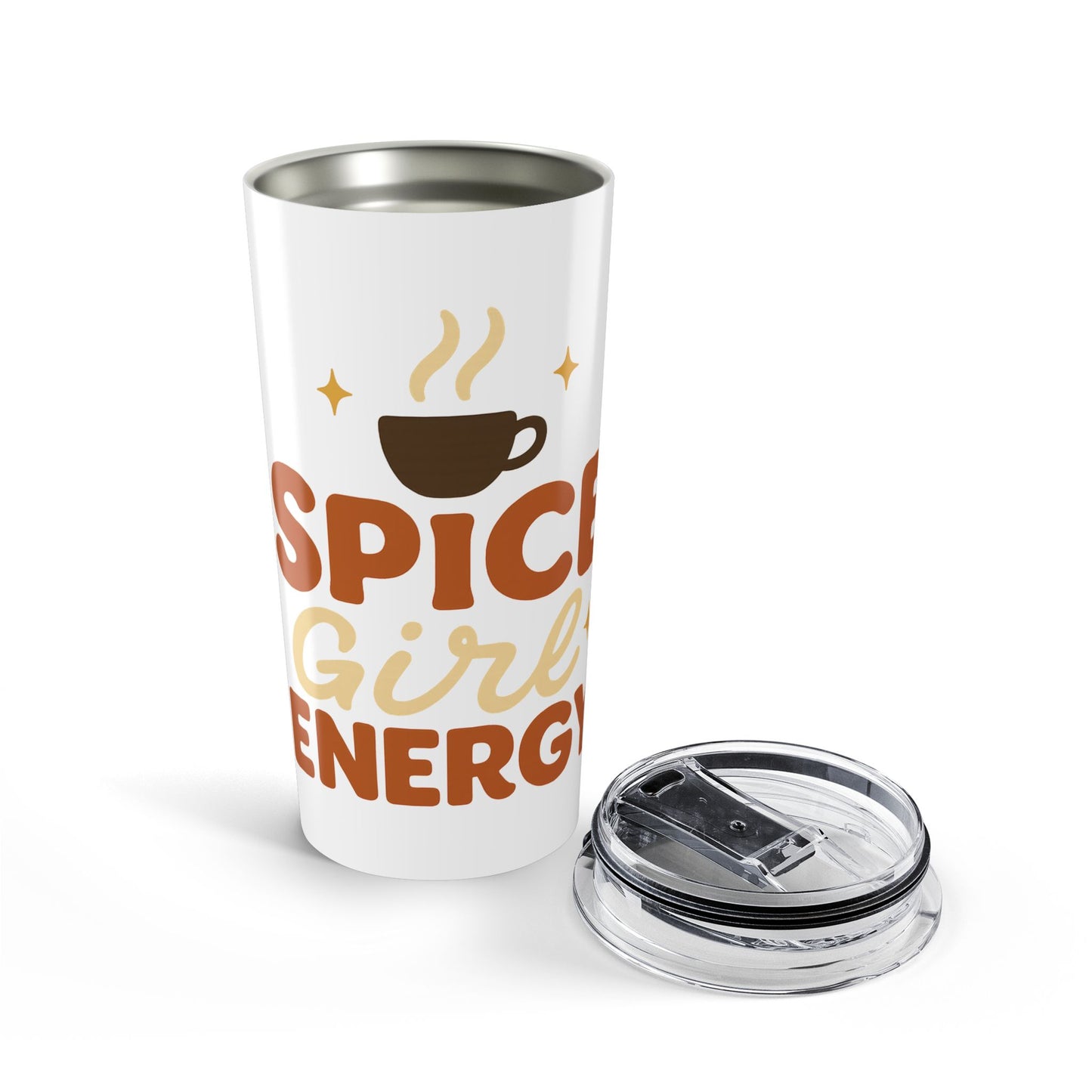 Open white “Spice Girl Energy” tumbler with removable clear lid — insulated travel cup ideal for hot or iced drinks.