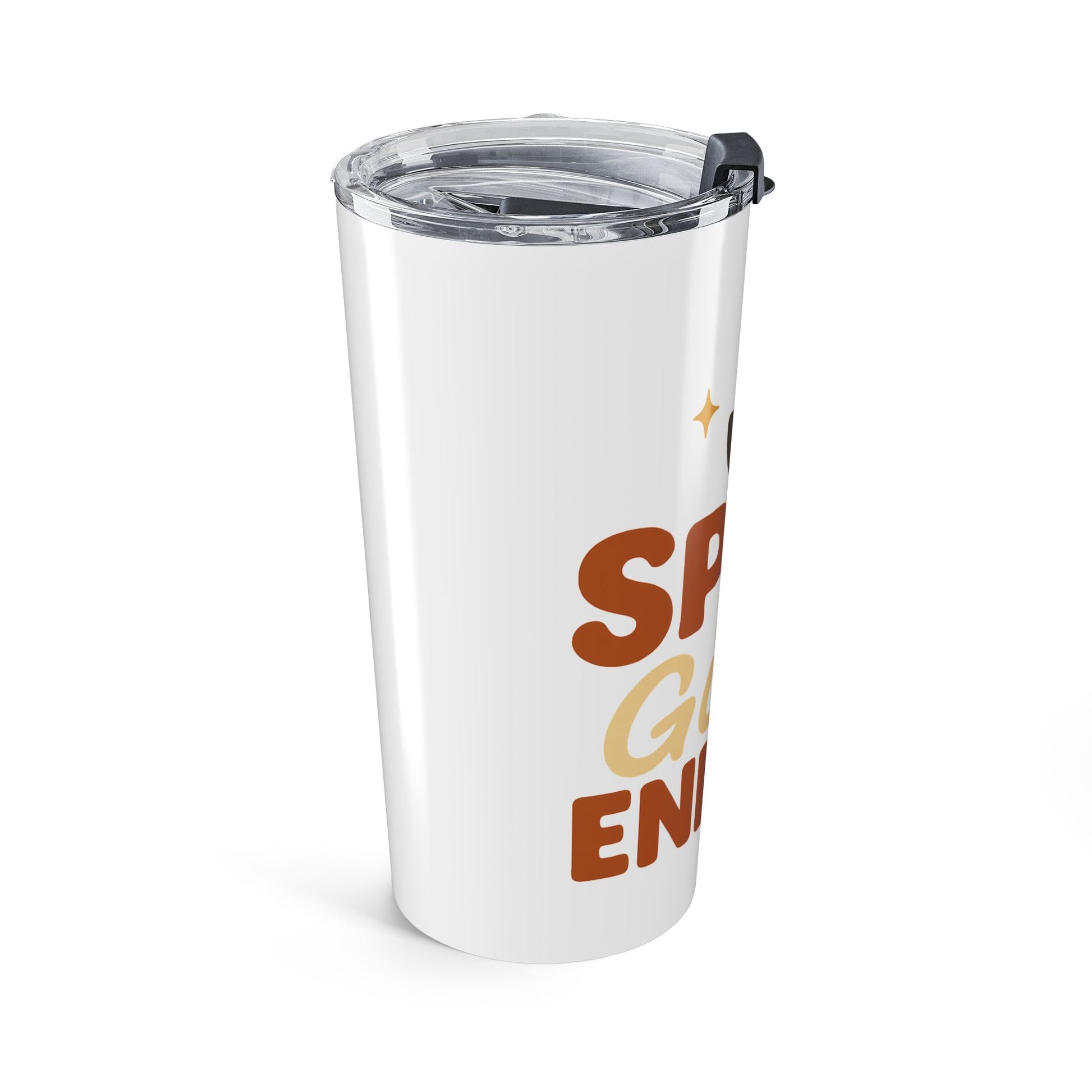 Side angle of “Spice Girl Energy” tumbler showing partial coffee-cup design and smooth white finish — perfect gift for caffeine lovers.