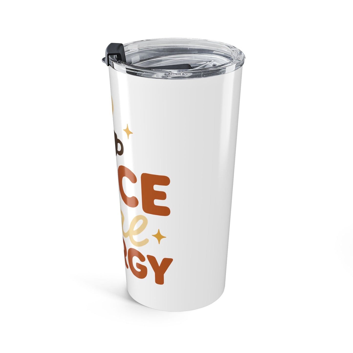 Angled view of “Spice Girl Energy” travel mug highlighting vibrant fall typography and double-wall insulation.