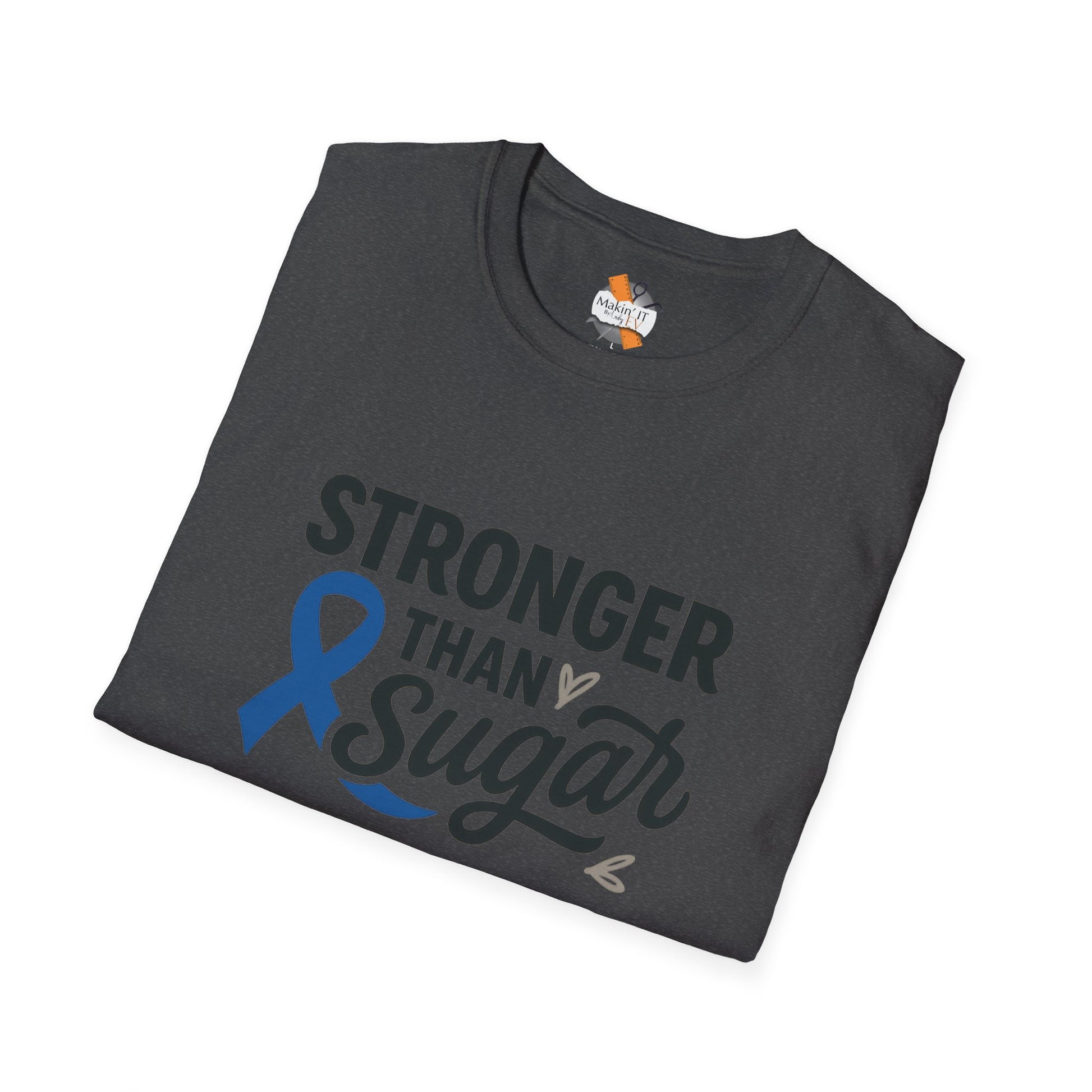 Folded Dark Heather Stronger Than Sugar t-shirt — soft heather awareness tee with blue ribbon design promoting diabetes strength and hope.