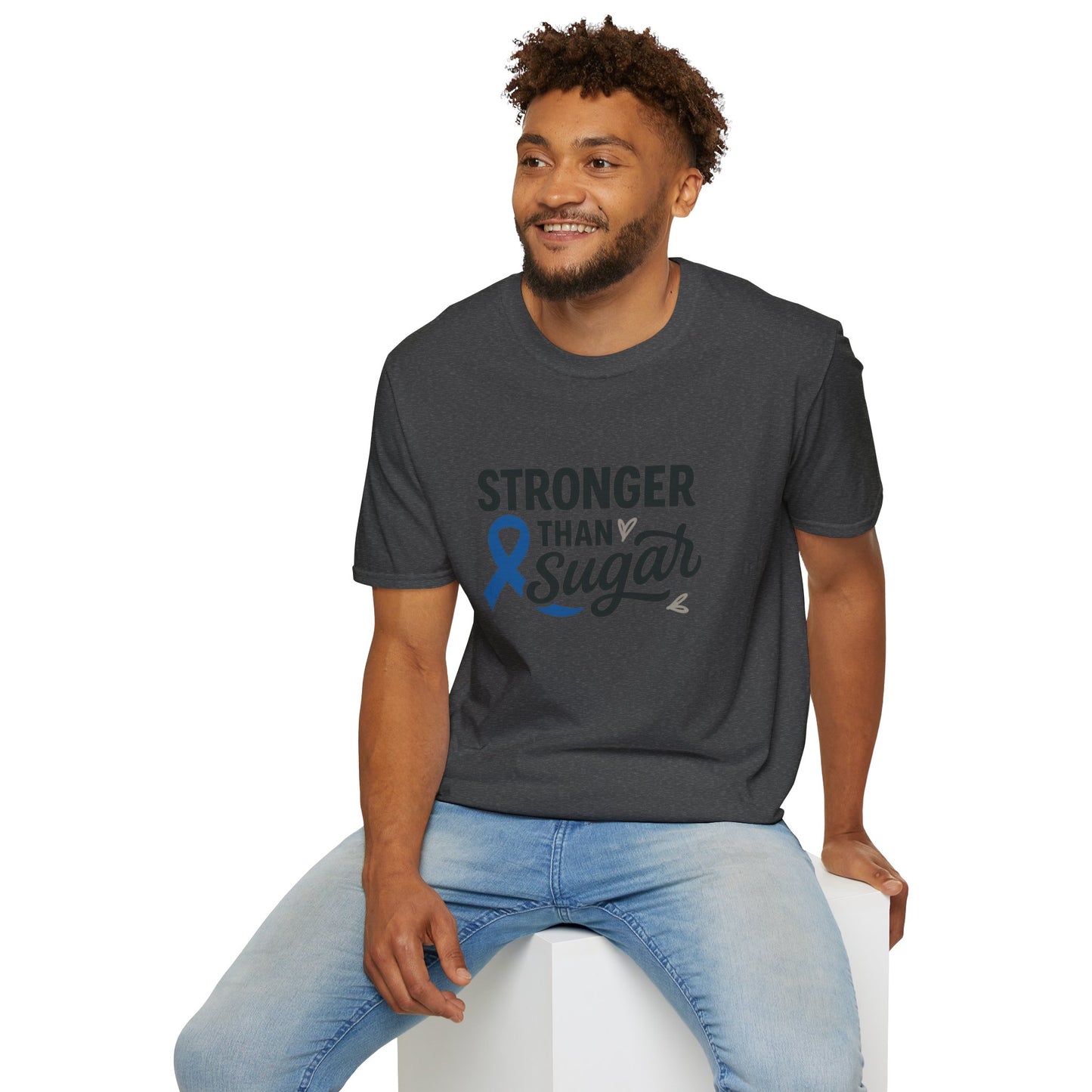 Man seated wearing Dark Heather Stronger Than Sugar t-shirt — soft cotton-blend awareness tee for diabetes warriors and supporters alike.