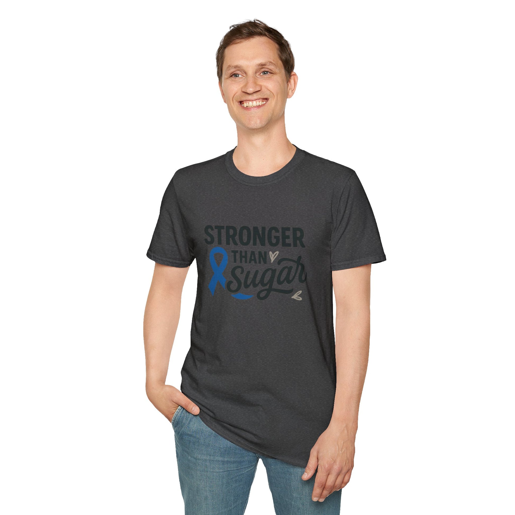 Man wearing Dark Heather Stronger Than Sugar t-shirt — classic unisex awareness tee with blue ribbon symbolizing diabetes strength.