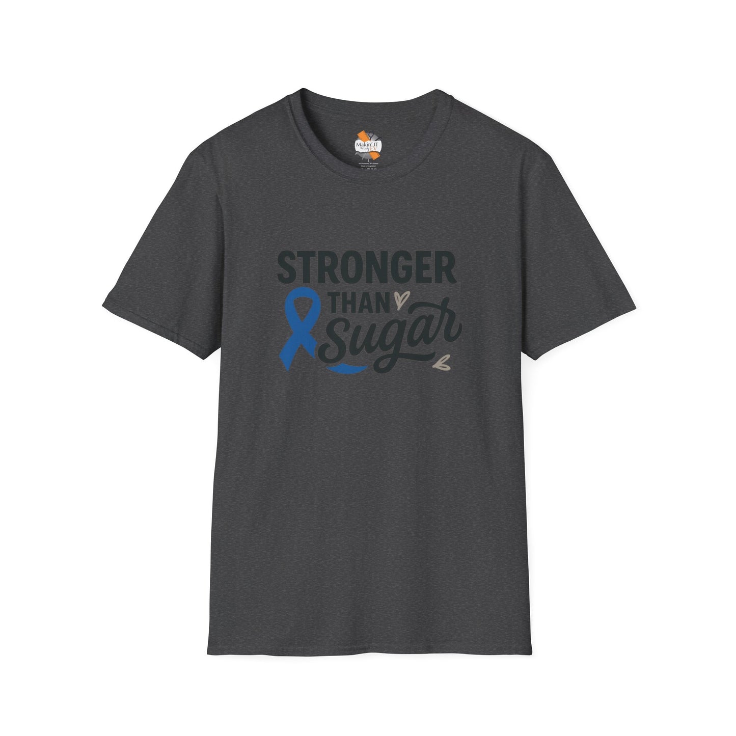 Dark heather Stronger Than Sugar adult unisex t-shirt — charcoal grey awareness tee with blue ribbon design promoting diabetes resilience and hope.