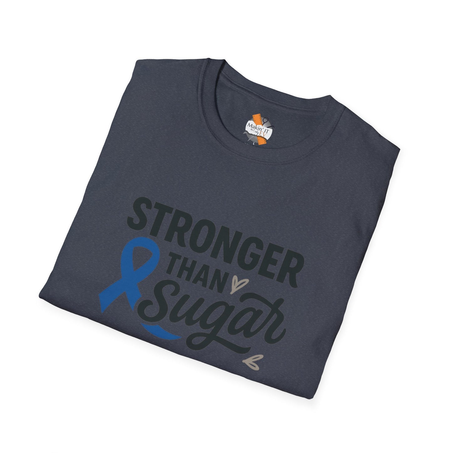 Folded Heather Navy Stronger Than Sugar t-shirt — soft heather awareness tee with blue ribbon design promoting diabetes strength and hope.