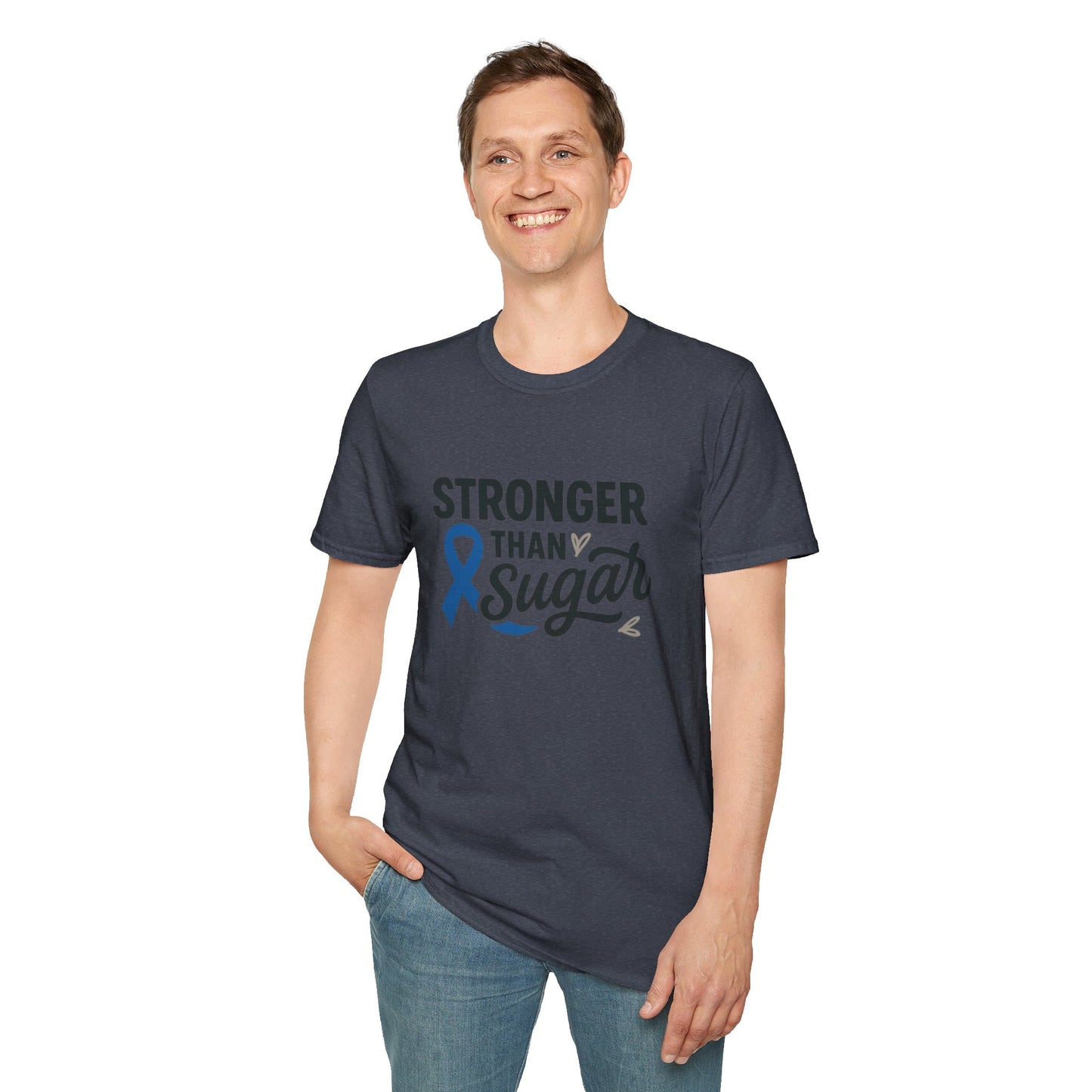 Man wearing Heather Navy Stronger Than Sugar t-shirt — classic unisex awareness tee with blue ribbon symbolizing diabetes strength.