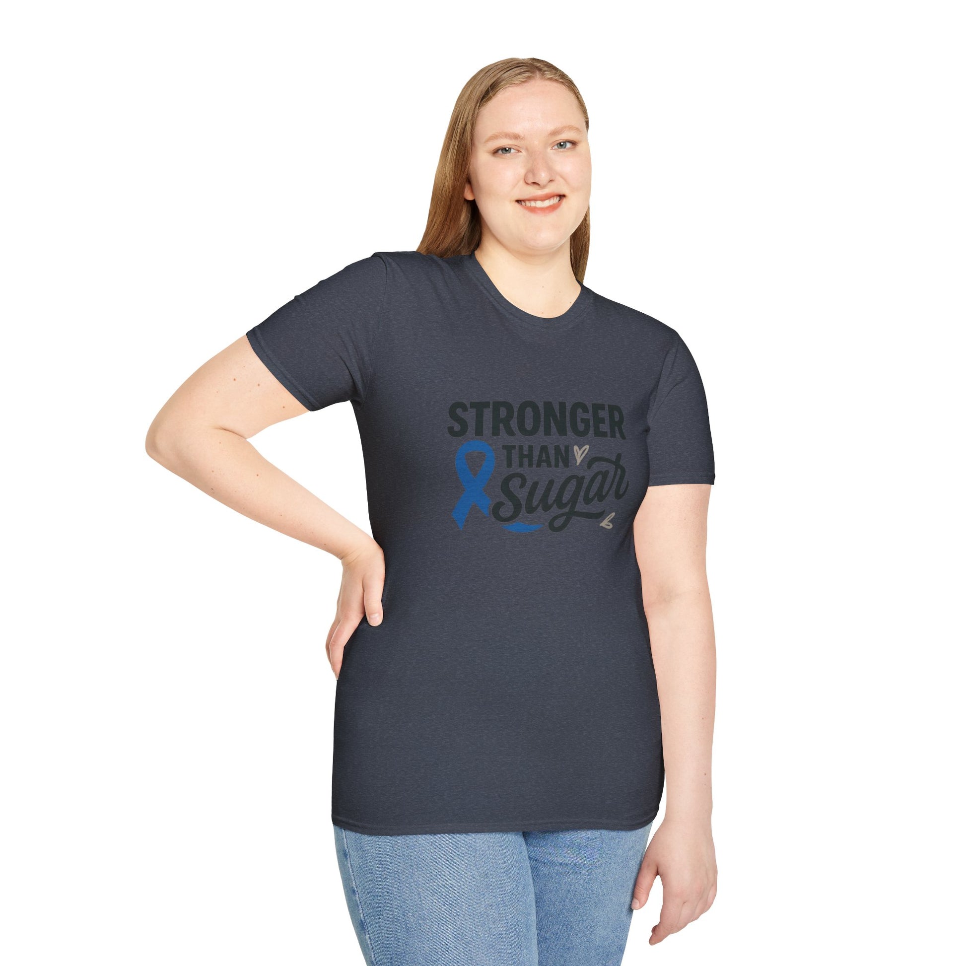 Woman wearing Heather Navy Stronger Than Sugar t-shirt — empowering diabetes awareness shirt encouraging advocacy and positivity.