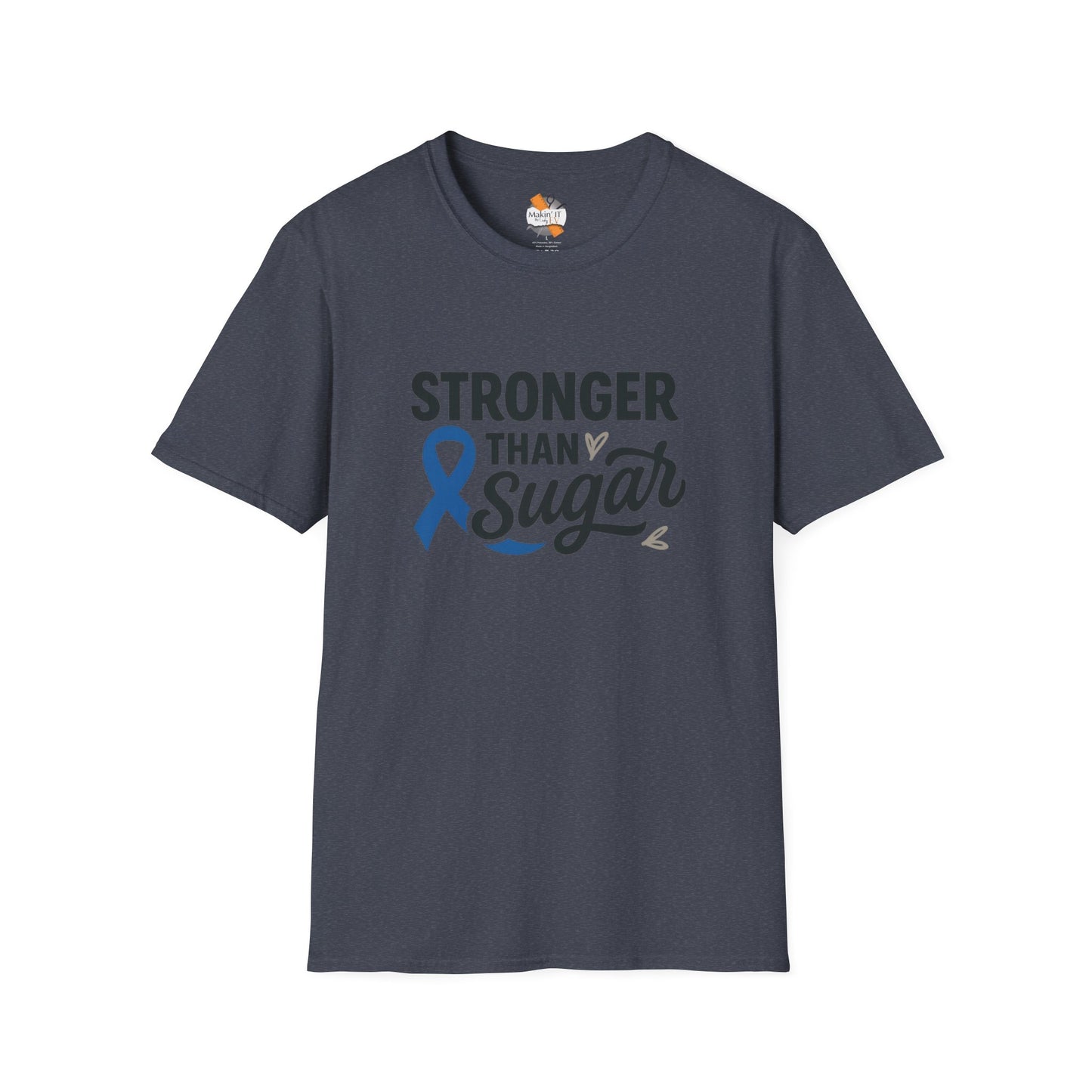 Heather navy Stronger Than Sugar adult unisex t-shirt — deep blue heather awareness tee for diabetes advocates and strong communities.